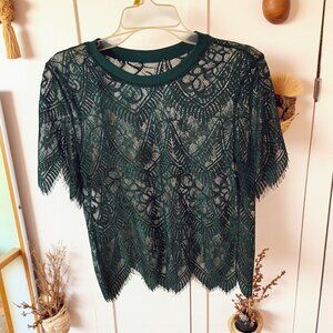 Green Sheer Lace Top – Scalloped Boho Goth M